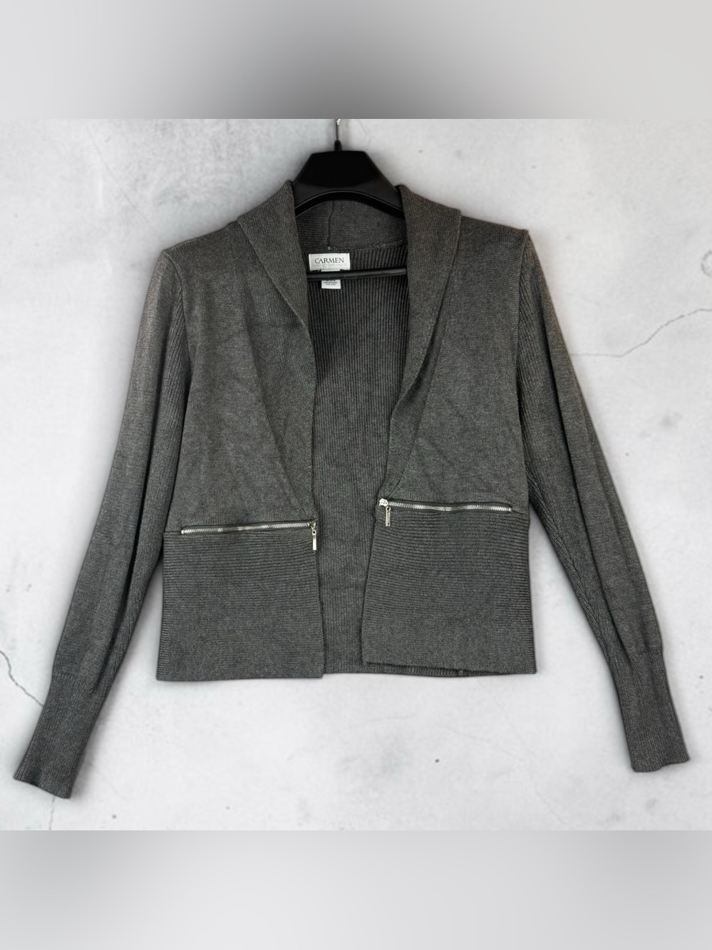 Carmen Marc Valvo Charcoal Gray Open-Front Zip Pocket Cardigan
